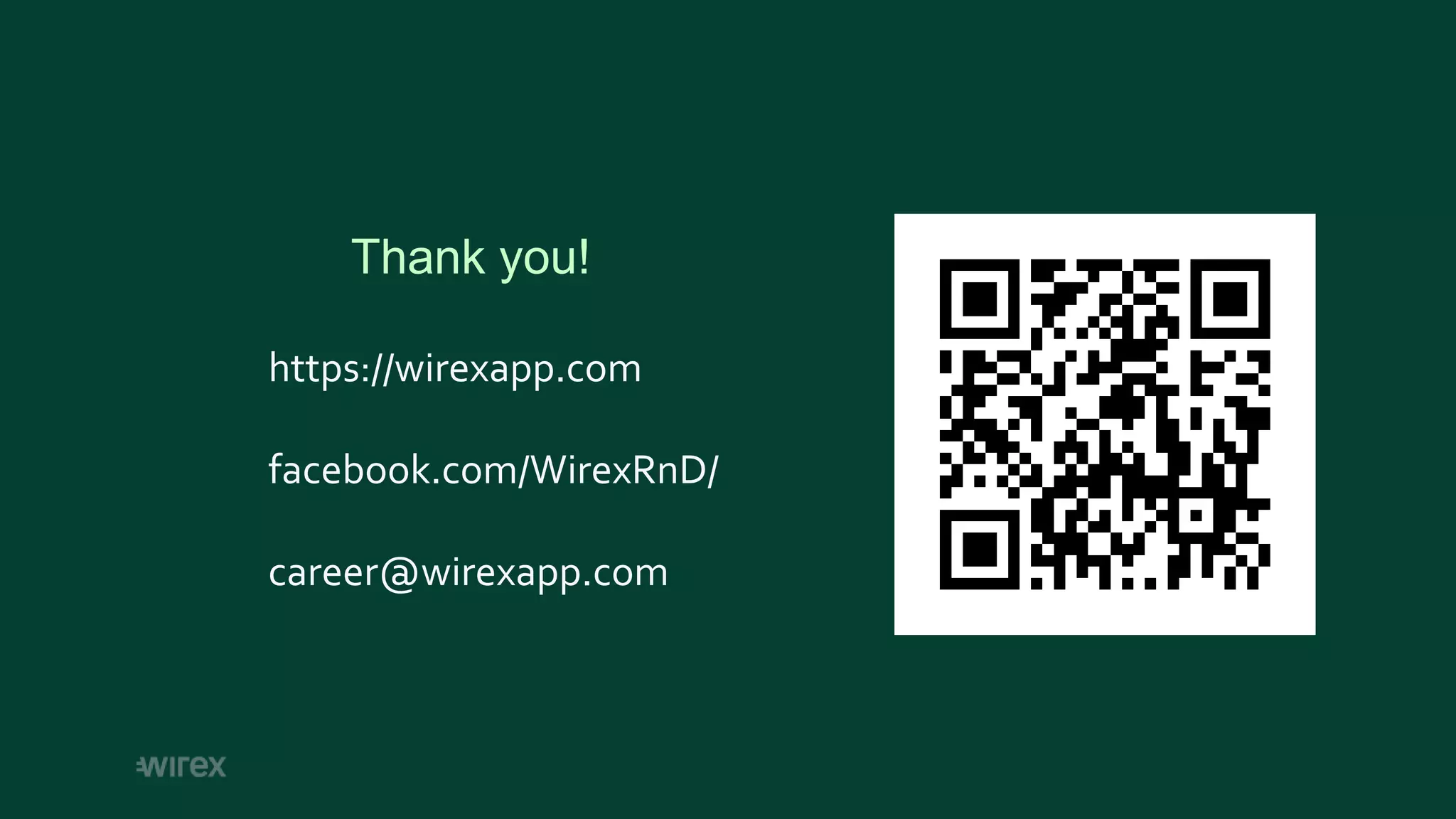 Планы на
Thank you!
https://wirexapp.com
facebook.com/WirexRnD/
career@wirexapp.com
 