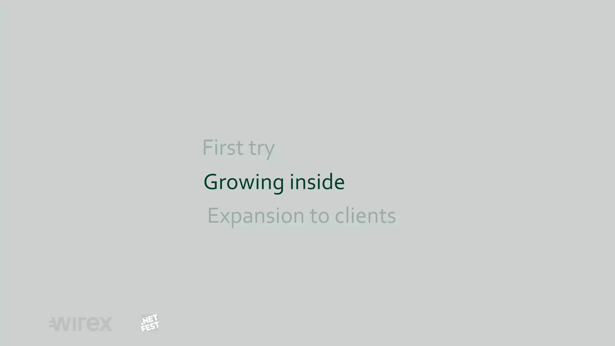 First try
Expansion to clients
Growing inside
 