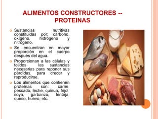 ALIMENTOS CONSTRUCTORES --
PROTEINAS
 Sustancias nutritivas
constituidas por: carbono,
oxígeno, hidrógeno y
nitrógeno.
 Se encuentran en mayor
proporción en el cuerpo
después del agua.
 Proporcionan a las células y
tejidos las sustancias
necesarias para reponer sus
pérdidas, para crecer y
reproducirse.
 Los alimentos que contienen
proteínas son: carne,
pescado, leche, quinua, frijol,
soya, garbanzo, lenteja,
queso, huevo, etc.
 