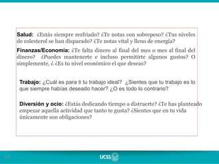 20
Salud: ¿Estás siempre resfriado? ¿Te notas con sobrepeso? ¿Tus niveles
de colesterol se han disparado? ¿Te notas vital y lleno de energía?
Finanzas/Economía: ¿Te falta dinero al final del mes o mes al final del
dinero? ¿Puedes mantenerte e incluso permitirte algunos gustos? O
simplemente, ¿ ¿Es tu nivel económico el que deseas?
Trabajo: ¿Cuál es para ti tu trabajo ideal? ¿Sientes que tu trabajo es lo
que siempre habías deseado hacer? ¿O es todo lo contrario?
Diversión y ocio: ¿Estás dedicando tiempo a distraerte? ¿Te has planteado
empezar aquella actividad que tanto te gusta? ¿Sientes que en tu vida
únicamente son obligaciones?
 