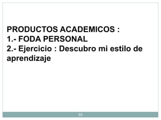 53
PRODUCTOS ACADEMICOS :
1.- FODA PERSONAL
2.- Ejercicio : Descubro mi estilo de
aprendizaje
 