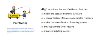 Incentivizing
Align incentives; few are effective on their own
o modify the costs and benefits structure
o reinforce certainty for reaching expected revenues
o enable the intensification of farming systems
o enhance farmers factor returns
o improve marketing margins
Marcel van Asseldonk, Evan Girvetz, Haki Pamuk, Cor
Wattel and Ruerd Ruben. Forthcoming. Policy incentives
for smallholder adoption of climate-smart agricultural
practices
 