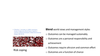 Risk coping
Blend world views and management styles
o Outcomes can be managed sustainably
o Outcomes are a personal responsibility and
achievement
o Outcomes require altruism and common effort
o Outcomes are a function of chance
 O’Riordan, T., & Jordan, A. (1999). Institutions,
climate change and cultural theory: towards a
common analytical framework. Global Environmental
Change, 9(2), 81-93.
 