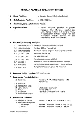 Pelatihan Berbasis Kompetensi 4
PROGRAM PELATIHAN BERBASIS KOMPETENSI
1. Nama Pelatihan : Operator Otomasi Elektronika Industri
2. Kode Program Pelatihan : C.00.00000.01.15
3. Kualifikasi/Jenjang Pelatihan : Operator
4. Tujuan Pelatihan : Setelah mengikuti pelatihan ini peserta
kompeten dalam Memasang instalasi dan
wiring kontrol mekanik pada motor 3 Phasa,
mengoperasikan, Instalasi, memprogram dan
maintenance peralatan berbasis PLC dan
Pneumatik di dalam dunia Industri.
5. Unit Kompetensi yang ditempuh:
5.1 ELM.UM02.002.002.01 Melakukan Kendali Kerusakan Lini Produksi
5.2 ELM.UM04.001.01 Membuat QC Flow Process Chart
5.3 ELM.UM02.032.01 Melakukan Instalasi Rangkaian Relay Sequence Controller
5.4 KTL.IK02.229.01 Memasang Instalasi PLC
5.5 KTL.IO02.214.01
5.6 KTL.IH02.217.01
5.7 BSDC-03- 07
5.8 BSDC-03-10
5.9 BSDC-03-12
Mengoperasikan PLC
Memelihara dan memperbaiki PLC
Menerapkan Dasar-Dasar Sistem Pneumatik di Industri
Memperbaiki Kerusakan Dalam Sistem Elektro Pneumatik
Memperbaiki Kerusakan Aplikasi PLC Pneumatik
6. Perkiraan Waktu Pelatihan: 360 Jam Pelatihan
7. Persyaratan Peserta Pelatihan:
7.1 Pendidikan : Minimal SMA IPA , SMK Elektronika , SMK
Mekatronika
7.2 Pelatihan : -
7.3 Pengalaman Kerja : -
7.4 Jenis Kelamin : Laki-laki atau perempuan
7.5 Umur : Minimal 17 tahun
7.6 Kesehatan : Tidak buta Warna dan Tidak bertato
7.7 Persyaratan Khusus : -
8. Persyaratan Instruktur
8.1 Pendidikan Formal : Minimal D3 Teknik Elektro / Teknik Industri
8.2 PersyaratanKompetensi :
1. Metodologi : Sertifikat Diklat Dasar Instruktur (Metodologi)
2. Teknis : Sertifikat Diklat Dasar Instruktur (Teknis)
 