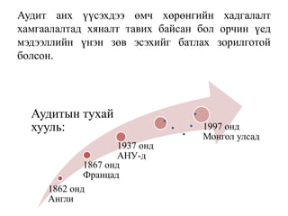 Аудит анх үүсэхдээ өмч хөрөнгийн хадгалалт
хамгаалалтад хяналт тавих байсан бол орчин үед
мэдээллийн үнэн зөв эсэхийг батлах зорилготой
болсон.
1862 онд
Англи
1867 онд
Францад
Аудитын тухай
хууль:
1937 онд
АНУ-д
1997 онд
Монгол улсад
 