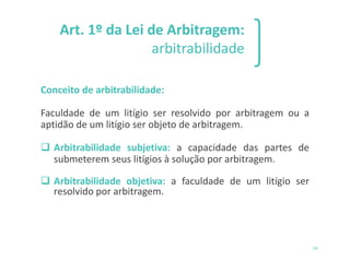 14
Art. 1º da Lei de Arbitragem:
arbitrabilidade
Conceito de arbitrabilidade:
Faculdade de um litígio ser resolvido por arbitragem ou a
aptidão de um litígio ser objeto de arbitragem.
❑ Arbitrabilidade subjetiva: a capacidade das partes de
submeterem seus litígios à solução por arbitragem.
❑ Arbitrabilidade objetiva: a faculdade de um litígio ser
resolvido por arbitragem.
 