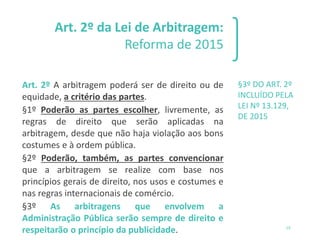 Art. 2º da Lei de Arbitragem:
Reforma de 2015
Art. 2º A arbitragem poderá ser de direito ou de
equidade, a critério das partes.
§1º Poderão as partes escolher, livremente, as
regras de direito que serão aplicadas na
arbitragem, desde que não haja violação aos bons
costumes e à ordem pública.
§2º Poderão, também, as partes convencionar
que a arbitragem se realize com base nos
princípios gerais de direito, nos usos e costumes e
nas regras internacionais de comércio.
§3º As arbitragens que envolvem a
Administração Pública serão sempre de direito e
respeitarão o princípio da publicidade.
§3º DO ART. 2º
INCLUÍDO PELA
LEI Nº 13.129,
DE 2015
19
 