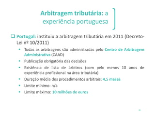 Arbitragem tributária: a
experiência portuguesa
❑ Portugal: instituiu a arbitragem tributária em 2011 (Decreto-
Lei nº 10/2011)
▪ Todas as arbitragens são administradas pelo Centro de Arbitragem
Administrativa (CAAD)
▪ Publicação obrigatória das decisões
▪ Existência de lista de árbitros (com pelo menos 10 anos de
experiência profissional na área tributária)
▪ Duração média dos procedimentos arbitrais: 4,5 meses
▪ Limite mínimo: n/a
▪ Limite máximo: 10 milhões de euros
36
 