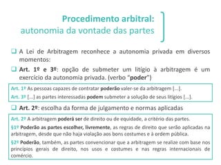1 2 3
Procedimento arbitral:
autonomia da vontade das partes
❑ A Lei de Arbitragem reconhece a autonomia privada em diversos
momentos:
❑ Art. 1º e 3º: opção de submeter um litígio à arbitragem é um
exercício da autonomia privada. (verbo “poder”)
Art. 1º As pessoas capazes de contratar poderão valer-se da arbitragem [...].
Art. 3º [...] as partes interessadas podem submeter a solução de seus litígios [...].
❑ Art. 2º: escolha da forma de julgamento e normas aplicadas
Art. 2º A arbitragem poderá ser de direito ou de equidade, a critério das partes.
§1º Poderão as partes escolher, livremente, as regras de direito que serão aplicadas na
arbitragem, desde que não haja violação aos bons costumes e à ordem pública.
§2º Poderão, também, as partes convencionar que a arbitragem se realize com base nos
princípios gerais de direito, nos usos e costumes e nas regras internacionais de
comércio.
 