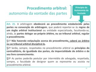 Procedimento arbitral:
autonomia da vontade das partes
40
Art. 21. A arbitragem obedecerá ao procedimento estabelecido pelas
partes na convenção de arbitragem, que poderá reportar-se às regras de
um órgão arbitral institucional ou entidade especializada, facultando-se,
ainda, às partes delegar ao próprio árbitro, ou ao tribunal arbitral, regular
o procedimento.
§1º Não havendo estipulação acerca do procedimento, caberá ao árbitro
ou ao tribunal arbitral discipliná-lo.
§2º Serão, sempre, respeitados no procedimento arbitral os princípios do
contraditório, da igualdade das partes, da imparcialidade do árbitro e de
seu livre convencimento.
§3º As partes poderão postular por intermédio de advogado, respeitada,
sempre, a faculdade de designar quem as represente ou assista no
procedimento arbitral.
Princípio da
Autonomia da
Vontade
 