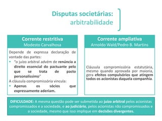 Disputas societárias:
arbitrabilidade
Corrente restritiva
Modesto Carvalhosa
Depende de expressa declaração de
vontade das...