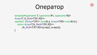 Оператор
template<typename T, typename R1, typename R2>
Array<T, A_Mult<T,R1,R2>>
operator* (Array<T,R1> const& a, Array<T,R2> const& b) {
return Array<T,A_Mult<T,R1,R2>>
(A_Mult<T,R1,R2>(a.rep(), b.rep()));
}
 