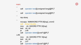 main:
...
call operator new[](unsigned long)@PLT
...
call operator new[](unsigned long)@PLT
...
rep stosq
...
movaps XMMWORD PTR 80[rsp], xmm0
call Array<double, ...
mov rdi, QWORD PTR 32[rsp]
test rdi, rdi
je .L46
call operator delete[](void*)@PLT
.L46:
mov rdi, QWORD PTR 16[rsp]
test rdi, rdi
je .L47
call operator delete[](void*)@PLT
 