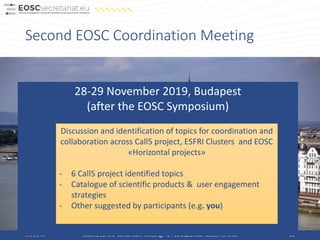 Second EOSC Coordination Meeting
18/10/19 Second SSHOC Consortium Meeting, 14-15 September 2019, Florence 10
28-29 November 2019, Budapest
(after the EOSC Symposium)
Discussion and identification of topics for coordination and
collaboration across Call5 project, ESFRI Clusters and EOSC
«Horizontal projects»
- 6 Call5 project identified topics
- Catalogue of scientific products & user engagement
strategies
- Other suggested by participants (e.g. you)
 