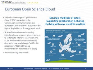 European Open Science Cloud
3
• Vision for the European Open Science
Cloud (EOSC) presented in the
Commission communication on the
‘European Cloud Initiative’, as a part of the
Digital Single Market Strategy [April 2016]
• ”A seamless environment enabling
interdisciplinary research, an environment
to foster data-intensive innovation.The
EOSC will allow for universal access to
data and a new level playing field for EU
researchers.” [EOSC Strategic
Implementation Roadmap 2018-2020]
Ø From 2021 fully operational
18/10/19 Second SSHOC Consortium Meeting, 14-15 September 2019, Florence
Serving a multitude of actors
Supporting collaboration & sharing
Evolving with new scientific practices
 