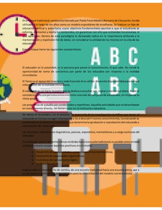 Enenfoque tradicional,conductistallamadoporPaoloFreireModeloBancariode Educación,hasido
utilizado a lo largo de los años como un modelo espontáneo de enseñanza. Se traduce un tipo de
educación vertical y autoritaria, cuyos objetivos fundamentales apuntan a que el estudiante se
informe, memorice y repita los contenidos, sin garantizar con ello que entiendan los procesos, ni
que aprendan. Dentro de este paradigma lo destacado radica en la importancia atribuida a la
memorización y repetición fiel de datos, sin considerar la utilidad de los mismos en la vida de los
educandos.
Este enfoque tiene las siguientes características:
El educador es la autoridad, es la persona que posee el conocimiento, el que sabe. No existe la
oportunidad de toma de conciencia por parte de los educados con respecto a la realidad
circundante.
El Textoesel apoyodel maestroy nada fuerade él es válido.Noexiste disponibilidadpararecoger
información de la realidad circundante.
El educandoesunmero receptorque se dedicaa escuchar,ver,copiary memorizardatos.Nose le
consideracomounapersonaúnicasinocomo unamás del conjuntode educandos,sinrespectarsu
ritmo propio.
Los programasde estudiosoncondensadosyrepetitivos.Aquellasactividadesque nodesembocan
en conocimiento directo, no tienen valor en la institución educativa.
Se valora el resultado y no el proceso. Se prescinde de la investigación científica, por tanto, el
educandose limitaa recogerinformacióny no a descubrirnuevosconocimientos,laevaluaciónse
constituye enunelementoinquisitivo,que determinalaaprobacióno reprobacióndel educandoo
reprobación del educando.
Las técnicas y métodos son dogmáticos,pasivos, expositivos, memorísticos y a cargo exclusivo del
educador.
Sinembargo,pese alasfuertecríticasrecibidashacialaescuelatradicional,esposible comoentodo
enfoque y teoría rescatar aspectos positivos en el mismo:
 Desarrollode lascapacidades,procesosytécnicasmemorísticas.
 Desarrollode capacidadesorganizativas.
 Incentivosdel pensamientológico
 Ordeny Disciplina
Inspira todo un movimiento de cambio, de una escuela tradicional hacia una escuela activa, que a
su vez aporta significativos antecedentes para la consolidación del modelo constructivista.
 