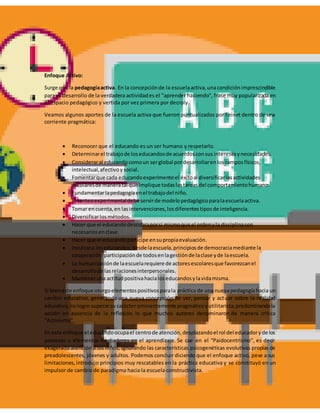 Enfoque Activo:
Surge con la pedagogíaactiva. En la concepciónde la escuelaactiva,unacondiciónimprescindible
para el desarrollo de la verdadera actividades el "aprender haciendo", frase muy popularizada en
el espacio pedagógico y vertida por vez primera por decroly.
Veamos algunos aportes de la escuela activa que fueron puntualizados por Feinet dentro de una
corriente pragmática:
 Reconocer que el educando es un ser humano y respetarlo.
 Determinarel trabajode loseducandosde acuerdosconsus interesesynecesidades.
 Consideraral educandocomoun serglobal pordesarrollarenloscamposfísicos,
intelectual,afectivoysocial.
 Fomentarque cada educandoexperimente el éxitoal diversificarlasactividades
escolaresde maneratal que implique todaslastareasdel comportamientohumano.
 Fundamentarlapedagogíaenel trabajodel niño.
 El tanteoexperimentaldebe servirde modelopedagógicoparalaescuelaactiva.
 Tomar encuenta,en lasintervenciones,losdiferentestiposde inteligencia.
 Diversificarlosmétodos.
 Hacer que el educandodescubraporsi mismoque el ordenyla disciplinason
necesariosenclase.
 Hacer que el educandoparticipe ensupropiaevaluación.
 Inculcara loseducandos,desde laescuela,principiosde democraciamediante la
cooperación:participaciónde todosenlagestiónde laclase yde laescuela.
 La humanizaciónde laescuelarequiere de actoresescolaresque favorezcanel
desarrollode lasrelacionesinterpersonales.
 Manteneruna actitudpositivahacialoseducandosylavidamisma.
Si bieneste enfoque otorgoelementospositivosparala práctica de una nuevapedagogíahacia un
cambio educativo, generando una nueva concepción de ver, pensar y actuar sobre la realidad
educativa,nologro superarsu carácter eminentemente pragmáticoyutilitarista,predominandola
acción en ausencia de la reflexión, lo que muchos autores denominaron de manera critica
"Activismo".
En este enfoque el educandoocupael centrode atención,desplazandoel rol del educadoryde los
procesos y elementos mediadores en el aprendizaje. Se cae en el "Paidocentrismo", es decir
exagerada atención a los niños, ignorando las características psicogenéticas evolutivas propias de
preadolescentes, jóvenes y adultos. Podemos concluir diciendo que el enfoque activo, pese a sus
limitaciones,introdujo principios muy rescatables en la práctica educativa y se constituyó en un
impulsor de cambio de paradigma hacia la escuela constructivista.
 