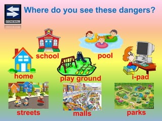Where do you see these dangers?
home
parksstreets malls
i-pad
pool
play ground
school
 