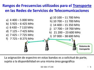 EE 536 / IT 235 55
Sistema de
transporte
a) 4 400 – 5 000 MHz
b) 5 925 – 6 425 MHz
c) 6 430 – 7 110 MHz
d) 7 125 – 7 425 MHz
e) 7 425 – 7 725 MHz
f) 7 725 – 8 275 MHz
Rangos de Frecuencias utilizados para el Transporte
en las Redes de Servicios de Telecomunicaciones
La asignación de espectro en estas bandas es a solicitud de parte,
sujeto a la disponibilidad en una misma área geográfica
g) 10 100 – 11 700 MHz
h) 10 700 – 11 700 MHz
i) 14 400 – 15 350 MHz
j) 17 700 – 19 700 MHz
k) 21 200 – 23 600 MHz
l) 37 000 – 38 600 MHz
 