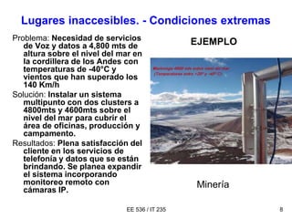 EE 536 / IT 235 8
Problema: Necesidad de servicios
de Voz y datos a 4,800 mts de
altura sobre el nivel del mar en
la cordillera de los Andes con
temperaturas de -40°C y
vientos que han superado los
140 Km/h
Solución: Instalar un sistema
multipunto con dos clusters a
4800mts y 4600mts sobre el
nivel del mar para cubrir el
área de oficinas, producción y
campamento.
Resultados: Plena satisfacción del
cliente en los servicios de
telefonía y datos que se están
brindando. Se planea expandir
el sistema incorporando
monitoreo remoto con
cámaras IP.
Minería
Lugares inaccesibles. - Condiciones extremas
EJEMPLO
 