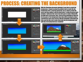 PROCESS: CREATING THE BACKGROUND
With the Photoshop document uploaded, it was time to create the
background., I began by using the gradient tool to create the sky
background. Next, I used the pencil tool, set at 1 pixel to create the
grass and then outline it with the black pixel. To make the grass more
detailed, I added the blur tool to the dark parts to make it blend with
the light parts of the grass. Next, I drew out the mountains as they are
the key parts of the background since they will be moving in a loop. I
repeated the same exact process with the mountains: drew them out,
then used the blur tool to make them fade into the background, and
with that, the background was completed
 