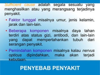 PENYEBAB PENYAKIT
Sufficient cause adalah segala sesuatu yang
menghasilkan atau yang merangsang terjadinya
penyakit.
● Faktor tunggal misalnya umur, jenis kelamin,
jarak dan lain-lain.
● Beberapa komponen misalnya daya tahan
terdiri atas status gizi, antibodi, dan lain-lain
yang dapat mempertahankan tubuh dari
serangan penyakit.
● Pemindahan komponen misalnya kalau nervus
opticus dipindahkan, maka akan terjadi
kebutaan.
 
