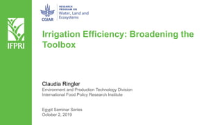 Irrigation Efficiency: Broadening the
Toolbox
Claudia Ringler
Environment and Production Technology Division
International Food Policy Research Institute
Egypt Seminar Series
October 2, 2019
 