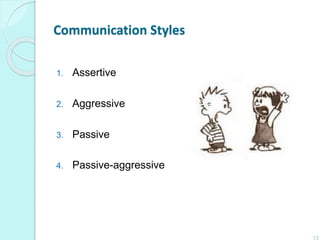 Communication Styles
1. Assertive
2. Aggressive
3. Passive
4. Passive-aggressive
13
 