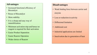 Advantages
• Increased functional efficiency of
Biocatalyst
• Reuse of Biocatalyst
• More stability
• It is a cheap and easy way of
immobilization
• Minimum activation step and hence no
reagent is required for their activation
• Easier Product Separation
• Easier Reactor Operation
• Wider choice of Reactor
Disadvantages
• Weak binding force between carrier and
enzyme
• Loss or reduction in activity
• Diffusional limitation
• Additional cost
• Industrial applications are limited
• Inactivation due to generation of heat
17
 