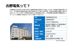 古野電気って︖
社名 古野電気株式会社
本社所在地 兵庫県⻄宮市
設⽴ 1951年 (昭和26年)
事業内容
舶⽤電⼦機器および産業⽤電⼦
機器などの製造・販売
資本⾦ 7,534 百万円
従業員（連結） 2,920 名
売上⾼（連結） 79,050 百万円
代表者 古野 幸男
上場取引所 東京証券取引所市場第⼀部
2018年2⽉28⽇現在
古野電気は1948年に世界で初めて⿂群探知機の実⽤化に成功して以来、舶⽤電⼦機器分野にお
いて、その独⾃の超⾳波技術と電⼦技術をもとに数々の世界初・⽇本初の商品を提供し続けて
きました。そして今⽇、世界80カ国以上に販売拠点を有し、世界規模の舶⽤電⼦機器総合メー
カーとしての確固たる地位とブランドを築いてきました。
 