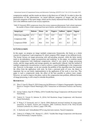 International Journal of Computational Science and Information Technology (IJCSITY) Vol.7, No.1/2/3/4, November 2019
11
compression method, and the results are shown in the third row of Table III. In order to show the
generalization of this phenomenon, we tested different categories of images and the color
grayscale categories of the same image, which can be clearly measured from the table. The fourth
row is the inhibition result of our reverse expansion.
Table IV Grayscale JPEG compression shows the reverse expansion phenomenon. Each column represents
the number of bytes of data compressed from top to bottom, and bold indicates reverse expansion.
Image(type) Baboon House Jet Peppers Sailboat Splash Tiggany
JPEG Gray image/KB
Compressor I/KB
Compressor II/KB
67.3
553
63.5
49.3
423
40.6
33.0
379
33.0
32.9
379
36.5
43.8
435
43.1
25.8
335
26.3
30.6
370
29.2
4. CONCLUSION
In this paper, we propose an image multiple compression frameworks, the frame as a whole
consists of compressor I and compressor II, which compress PNG images at two different levels.
The former focuses on image processing with self-encoding structure, while the latter mainly
tends to de-redundancy, image reconstruction and rendering. In this paper, we combine neural
network compression with traditional compression, which is very good in image processing
results, and the image quality and storage quantity are significantly reduced. And the method of
multiple compression reconstruction is used to achieve a great breakthrough in the compression
rate. However, in this paper, we do not consider the problem of the algorithm more but consider
the effect from the application with style. So from a personal point of view, the theory is
important, but we can timely implementation to the application of the work is even less. This
paper is such a compression mode, the effect of the best possible to achieve more simple.
However, we need to improve the place, such as the compression time problem, different formats
of image processing, is still a need to consider the problem.
REFERENCES
[1] Zhao Z, Guan Q, Zhang H, (2018) Improving the Robustness of Adaptive Steganographic Algorithms
Based on Transport Channel Matching[J]. IEEE Transactions on Information Forensics and Security,
1-1.
[2] George Toderici, Sean M. O’Malley, (2016) Variable Rate Image Compression with Recurrent Neural
Networks[J].
[3] Toderici G, Vincent D, Johnston N, (2016) Full Resolution Image Compression with Recurrent
Neural Networks[J].
[4] Z. Wang, E. P. Simoncelli, and A. C. Bovik. (2003) Multiscale structural similarity for image quality
assessment. In Signals, Systems and Computers, 2004. Conference Record of the Thirty-Seventh
Asilomar Conference on, volume 2, pages 1398-1402.
[5] S. Hochreiter and J. Schmidhuber(1997)s Long short-term memory. Neural Computation.
[6] Toderici G, O’Malley S M , Hwang S J , (2015) Variable Rate Image Compression with Recurrent
Neural Networks[J]. Computer Science .
 