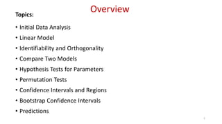 OverviewTopics:
• Initial Data Analysis
• Linear Model
• Identifiability and Orthogonality
• Compare Two Models
• Hypothesis Tests for Parameters
• Permutation Tests
• Confidence Intervals and Regions
• Bootstrap Confidence Intervals
• Predictions
2
 