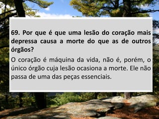 69. Por que é que uma lesão do coração mais
depressa causa a morte do que as de outros
órgãos?
O coração é máquina da vida, não é, porém, o
único órgão cuja lesão ocasiona a morte. Ele não
passa de uma das peças essenciais.
 