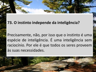 73. O instinto independe da inteligência?
Precisamente, não, por isso que o instinto é uma
espécie de inteligência. É uma inteligência sem
raciocínio. Por ele é que todos os seres proveem
às suas necessidades.
 
