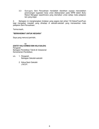 3.3

Guru-guru Seni Perusahaan hendaklah diarahkan supaya mencatatkan
perancangan tugasdan kerja untuk dilaksanakan pada WPM dalam Buku
Rekod Mengajar sepertimana yang diamalkan untuk setiap mata pelajaran
lain yang diajar.

4.
Bahagian ini mengharapkan tindakan yang segera dari pihak Y.B Datuk/Tuan/Puan
bagi mengatasi masalah yang dihadapi di sekolah-sekolah yang menawarkan mata
pelajaran Seni Perusahaan.
Terima kasih,
"BERKHIDMAT UNTUK NEGARA"
Saya yang menurut perintah,
t.t
(DATO' HAJI AHMAD BIN HAJI SALEH)
Pengarah
Bahagian Pendidikan Teknik & Vokasional
Kementerian Pendidikan.
s.k.

1. Pengarah
Bahagian Sekolah-sekolah
2. Ketua Nazir Sekolah
J.N.S.P.

8

 