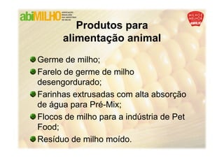 Produtos para
      alimentação animal
Germe de milho;
Farelo de germe de milho
desengordurado;
Farinhas extrusadas com alta absorção
de água para Pré-Mix;
Flocos de milho para a indústria de Pet
Food;
Resíduo de milho moído.
 