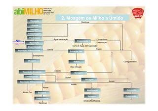 Recepção
                                                        2. Moagem de Milho a Úmido
                                                                              Resíduos
                 Limpeza

                Secagem

              Armazenagem

               Pós limpeza
                                               Água Maceração                                 Concentrado
Água                                                                       Evaporação
               Maceração                                                                      Evaporação
SO2
                                                                    Conc de Água de Evaporação
              Degerminação
                                       Germe                                                  Farelo
  Separação Hidrociclones                                       Extração óleo

                     Endosperma

              Moagem
                                                                     Refino                                         Cornglutenfeed

                                                                Óleo refinado

                                               Cascas
        Separação de cascas                                           Secagem
           Centrifugação
                                                          Glúten
                                                                                  Secagem
      Separação Hidrociclones                                                                               Amido
                                                                   Amido
                                Amido
                                                                                    Modificação                        Conversão
         Amido Cru         Secagem
                                                                                    Secagem                           Evaporação
                        Dextrinização
                                                                                Amidos Modificados
                           Dextrinas
 