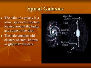 Spiral GalaxiesThe halo of a galaxy is a loose, spherical structure located around the bulge and some of the disk. The halo contains old clusters of stars, known as globular clusters.