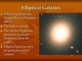 Elliptical GalaxiesElliptical galaxies are shaped like an elongated sphere.The light is smoothThe surface brightness decreases as you go farther out from the center.Elliptical galaxies have no particular axis of rotation.