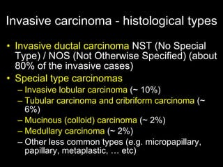 Invasive carcinoma - histological types Invasive ductal carcinoma  NST (No Special Type) / NOS (Not Otherwise Specified) (about 80% of the invasive cases) Special type carcinomas Invasive lobular carcinoma  ( ~  10%) Tubular carcinoma and cribriform carcinoma  ( ~  6%) Mucinous (colloid) carcinoma  (~ 2%) Medullary carcinoma  (~ 2%) Other less common types  (e.g. micropapillary, papillary, metaplastic, … etc) 