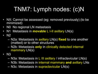 TNM7: Lymph nodes: (c)N N X:   C annot be assessed (eg :  removed   previously)  (to be minimized) N0  No regional  LN  metastasis N1  Metastasis in  movable   L  I - II axillary   LN (s) N2  N2a :  Metastasis in  axillary   LN (s)  fixed  to one another (matted) or to other structures N2b :  Metastasis  only  in  clinically detected internal mammary   LN (s) N3 N3a :  Metastasis in  L III axillary  /  infraclavicular  LN (s) N3b :  Metastasis in  internal mammary  and  axillary   LN s N3c :  Metastasis in  supraclavicular   LN (s) 