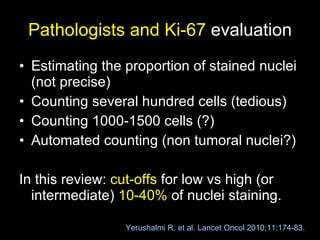 Pathologists and Ki-67  evaluation Estimating the proportion of stained nuclei (not precise) Counting several hundred cells (tedious) Counting 1000-1500 cells (?) Automated counting (non tumoral nuclei?) In this review:  cut-offs  for low vs high (or intermediate)  10-40%  of nuclei staining. Yerushalmi R, et al. Lancet Oncol 2010;11:174-83. 