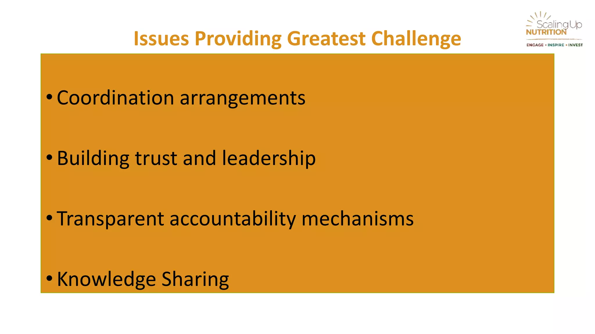 Issues Providing Greatest Challenge
• Coordination arrangements
• Building trust and leadership
• Transparent accountability mechanisms
• Knowledge Sharing
 