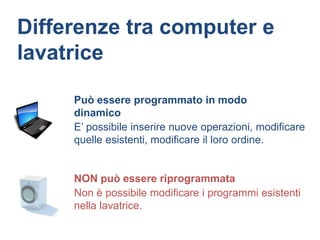 Differenze tra computer e
lavatrice

     Può essere programmato in modo
     dinamico
     E’ possibile inserire nuove operazioni, modificare
     quelle esistenti, modificare il loro ordine.


     NON può essere riprogrammata
     Non è possibile modificare i programmi esistenti
     nella lavatrice.
 