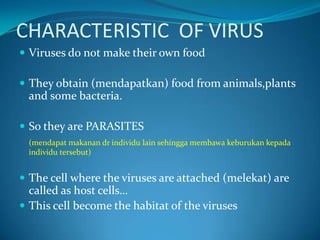 CHARACTERISTIC  OF VIRUSViruses do not make their own foodThey obtain (mendapatkan) food from animals,plants and some bacteria.So they are PARASITES (mendapatmakanandrindividu lain sehinggamembawakeburukankepadaindividutersebut)The cell where the viruses are attached (melekat) are called as host cells…This cell become the habitat of the viruses