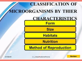CLASSIFICATION OF
     MICROORGANISMS BY THIER
             CHARACTERISTICS
                               Form
                                 Size
                           Habitats
                           Nutrition
           Method of Reproduction

07/08/09    1.1_Classificationofmicros   Review
 
