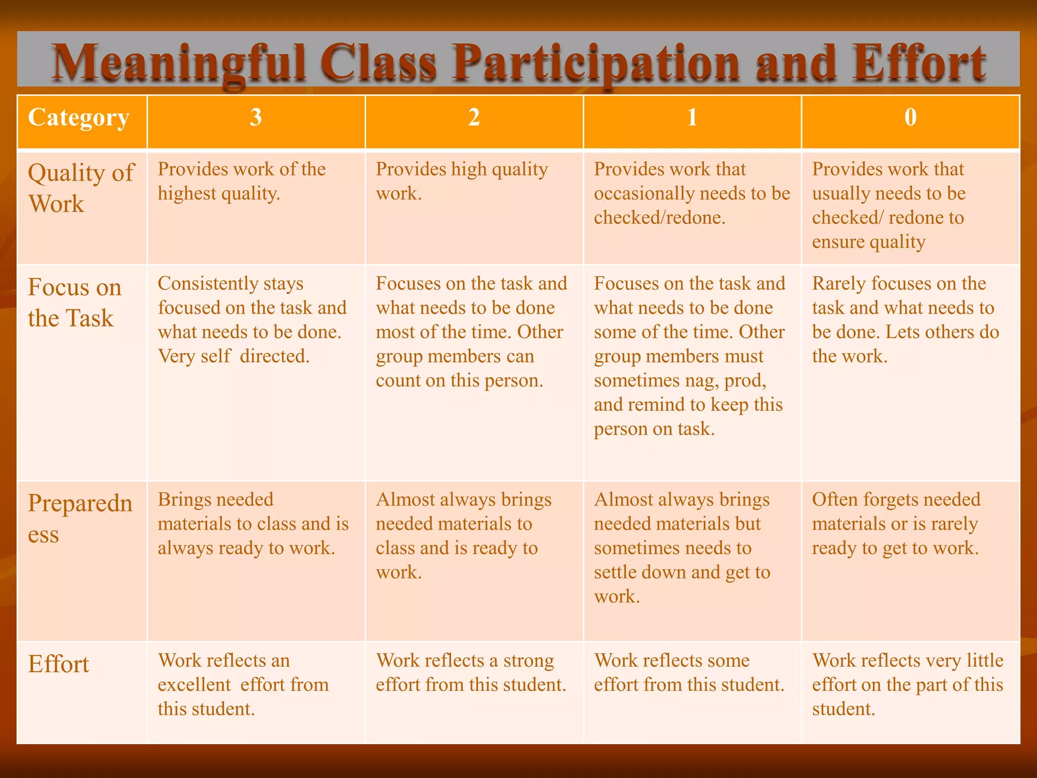 Meaningful Class Participation and Effort