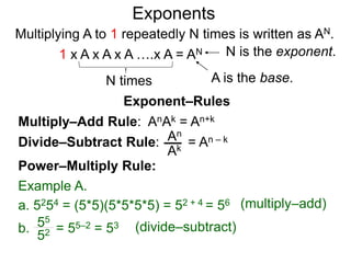 Multiply–Add Rule: AnAk = An+k
Divide–Subtract Rule:
Example A.
a. 5254 = (5*5)(5*5*5*5) = 52 + 4 = 56
An
Ak
b. = 55–2 = 5355
52
Power–Multiply Rule:
Exponents
= An – k
(multiply–add)
(divide–subtract)
Exponent–Rules
Multiplying A to 1 repeatedly N times is written as AN.
A is the base.
N is the exponent.
N times
1 x A x A x A ….x A = AN
 