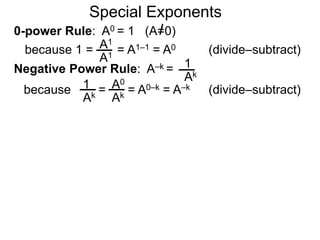 0-power Rule: A0 = 1 (A=0)
=
1
Ak
1
Ak
A0
Ak
Special Exponents
because 1 = = A1–1 = A0A1
A1
Negative Power Rule: A–k =
because = A0–k = A–k
(divide–subtract)
(divide–subtract)
 