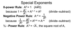 0-power Rule: A0 = 1 (A=0)
=
1
Ak
1
Ak
A0
Ak
Special Exponents
½ - Power Rule: A½ = A , the square root of A,
because 1 = = A1–1 = A0A1
A1
Negative Power Rule: A–k =
because = A0–k = A–k
(divide–subtract)
(divide–subtract)
 